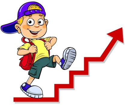 Vector color illustration of a cute cartoon schoolboy walks on Red Arrow