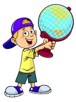 Color vector illustration of a smiling schoolboy holding the big globe.