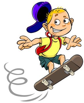 Color vector illustration of a cartoon smiling schoolboy riding on skateboard