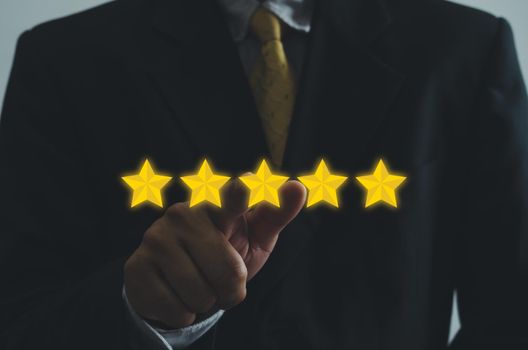 Customer concept excellent service for satisfaction five star rating with business man touch screen. About feedback and positive customer reviews.