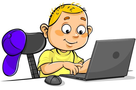 Colour vector illustration of a cartoon schoolboy using Laptop on the Desk