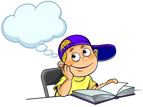 Color vector illustration of a cartoon schoolboy thinking with a book.