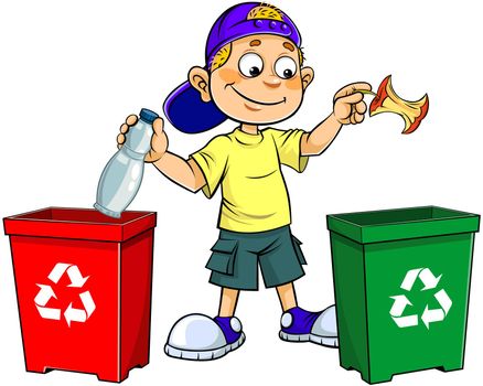 Colour vector illustration of a cartoon smiling boy Throwing Garbage In Trash Bin.