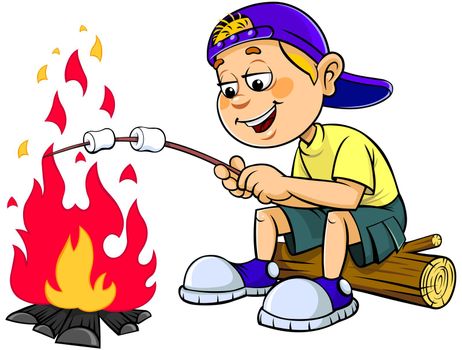 Vector illustration of a cartoon boy cooking a marshmallow  isolated of white background .