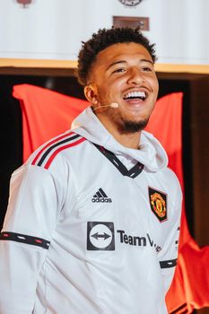 MELBOURNE, AUSTRALIA - JULY 16: Jadon Sancho of Manchester United at an away kit promotional launch at Federation Square in Melbourne on 16th July 2022