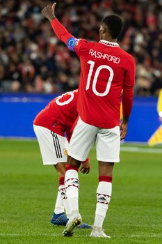 MELBOURNE, AUSTRALIA - JULY 15: Marcus Rashford of Manchester United against Melbourne Victory in a pre-season friendly football match at the MCG on 15th July 2022