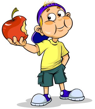 Color vector illustration of a cartoon boy with big red apple.