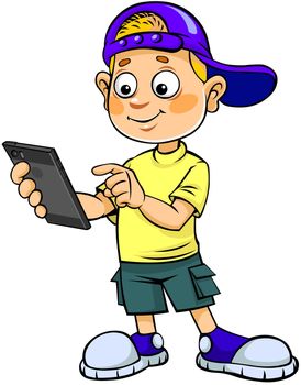 Vector illustration of a cartoon smiling schoolboy using smartphone.