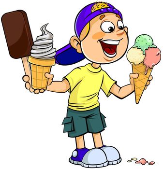 Colour vector illustration of a cartoon schoolboy eating ice-cream