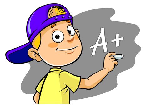 Color illustration of a cartoon kid writing A+ grade