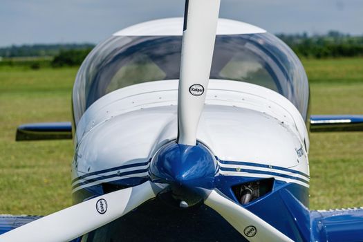 Breclav, Czech Republic - July 02, 2022 Aviation Day. Harmony LSA frontview of a sports aircraft, propeller detail