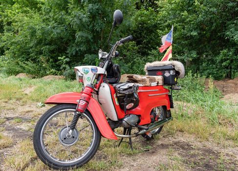 Breclav, Czech Republic - July 02, 2022 Aviation Day. Jawa 20 Pioneer retro legendary historical small motorcycle