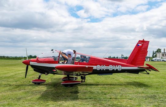 Breclav, Czech Republic - July 02, 2022 Aviation Day. The all-metal ZLIN Z 143 L is a multipurpose training and courier aircraft.