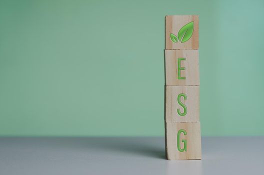Wooden cubes with esg symbol Environmental Social Governance  on the green background and copy space.