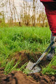 a woman digs the ground with a shovel for planting a plant in the country. High quality photo