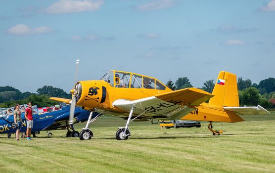 Breclav, Czech Republic - July 02, 2022 Aviation Day. Agricultural aircraft Zlin Z-37A-2 Bumblebee used for spraying and other treatment of fields