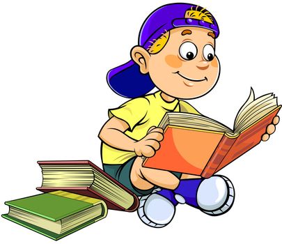 A cartoon vector illustration of a smiling teen boy reading a book.