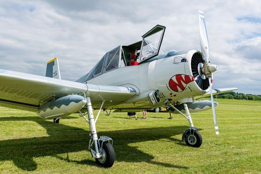 Breclav, Czech Republic - July 02, 2022 Aviation Day, Czech agricultural aircraft used in field treatment Zlin Z-37A-2 Bumblebee