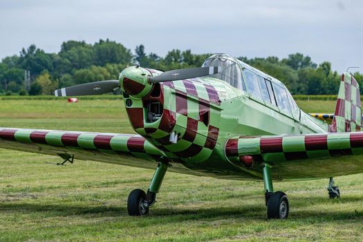 Breclav, Czech Republic - July 02, 2022 Aviation Day.Zlin Z-226MS sports aircraft on the airfield in Breclav