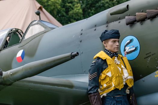 Breclav, Czech Republic - July 02, 2022 Aviation Day Supermarine spitfire, detail of the cabin with the dummy of the pilot of 312 Squadron RAF