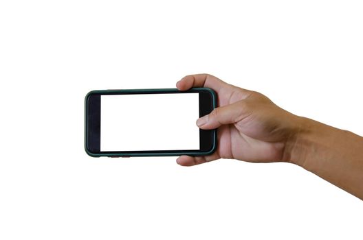 Hand holding a smartphone on a white background. White blank phone screen.