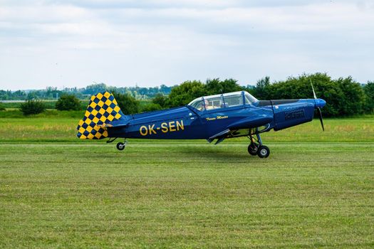 Breclav, Czech Republic - July 02, 2022 Aviation Day. Small sports aircraft Zlin Z326MF at Breclav airport