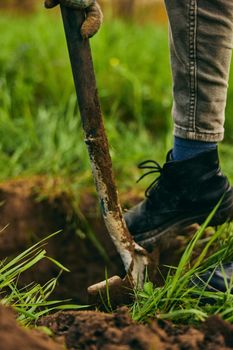 a woman digs the ground with a shovel for planting a plant in the country. High quality photo