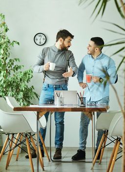 Portrait of two young business people having a meeting in the office. Teamwork and success concept