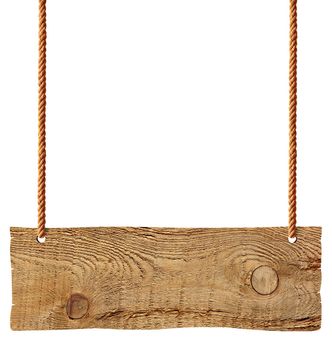 wooden blank sign hanging with chain and rope on white background