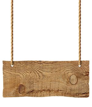 wooden blank sign hanging with chain and rope on white background