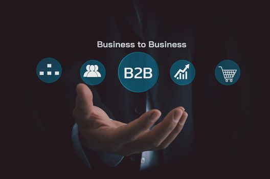 Hand businessman icon B2B Business to Business virtual screen Internet Business big data Technology Concept.