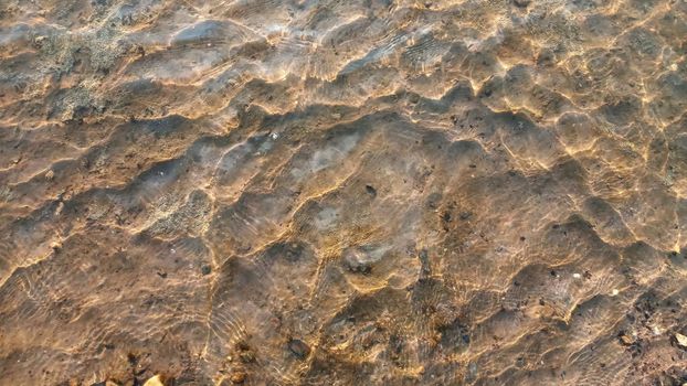 Top view on colorful pebbles covered by water. Close up view of smooth round pebble stones on the beach.