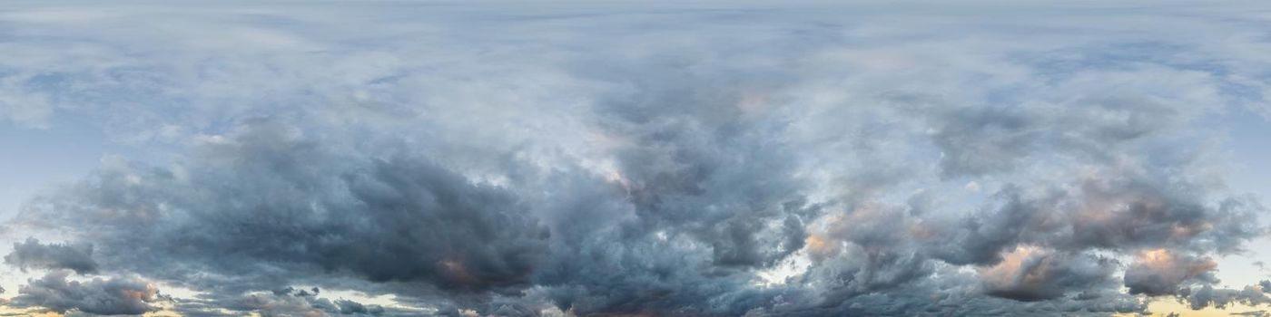 Sky panorama on overcast rainy day with low clouds in seamless spherical equirectangular format. Complete zenith for use in 3D graphics, game and for aerial drone 360 degree panorama as a sky dome.