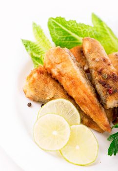 appetizing fried fish fillet with vegetables and herbs on a white plate