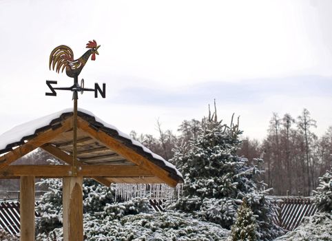 Rooster and wind rose on the roof and blue sky in the background