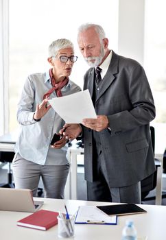 portrait of two senior business people discussing and analyzing documents in the office