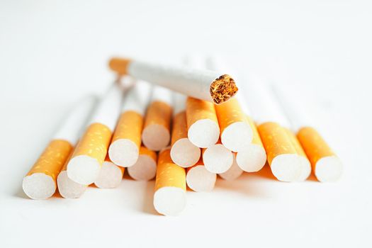 Cigarette isolated on white background with clipping path, roll tobacco in paper with filter tube, No smoking concept.