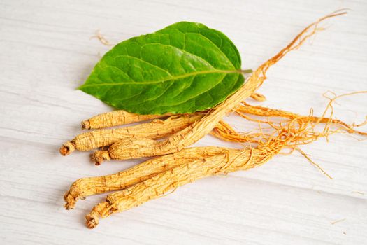 Ginseng roots and green leaf, healthy food.