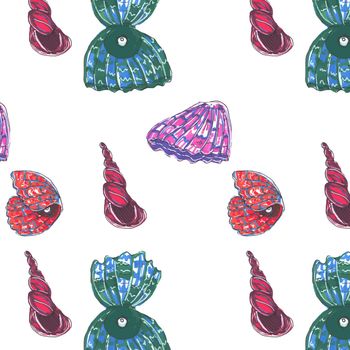 Seamless pattern from colorful shells on white background. Sea life, mollusks.