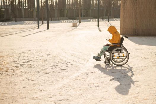 Caucasian woman in a wheelchair uses a smartphone on a walk in the park in winter