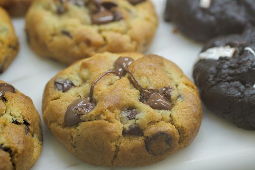 chocolate chip cookies on table close up .