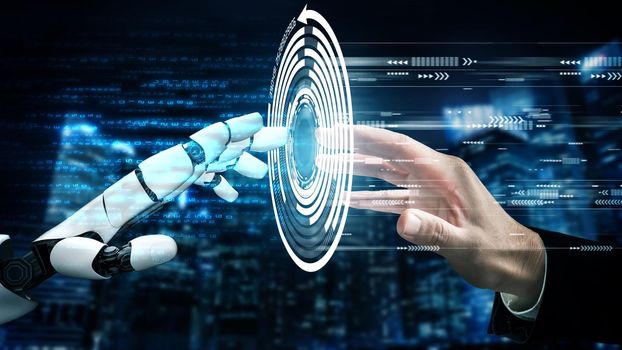 Futuristic robot artificial intelligence revolutionary AI technology development and machine learning concept. Global robotic bionic science research for future of human life. 3D rendering graphic.