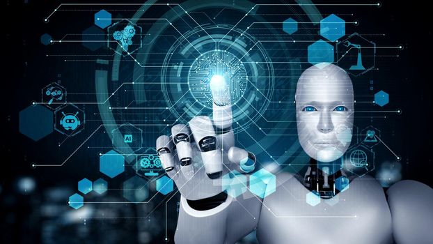 Futuristic robot artificial intelligence enlightening AI technology development and machine learning concept. Global robotic bionic science research for future of human life. 3D rendering graphic.