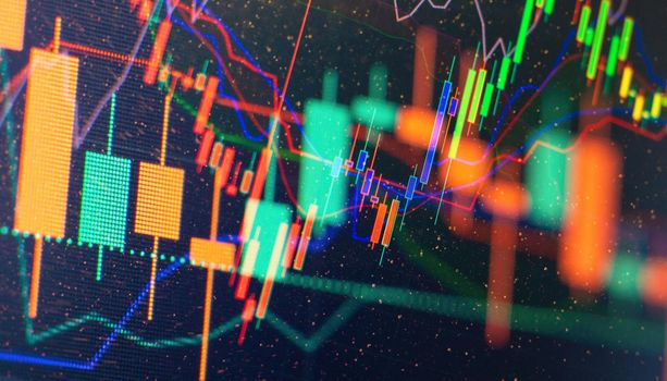 Business candlestick. Financial static analysis with growing financial charts. Online trading, Investment, Strategy market plan, and Stock market fluctuations Concept.