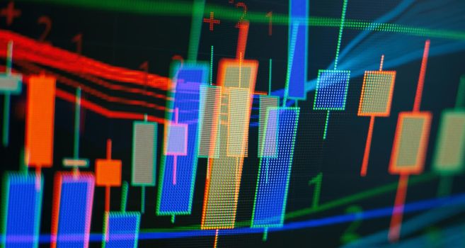 Chart on LED display concept. A large display of daily stock market price and quotation. Indicator financial forex trade