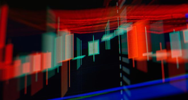 Chart on LED display concept. A large display of daily stock market price and quotation. Indicator financial forex trade