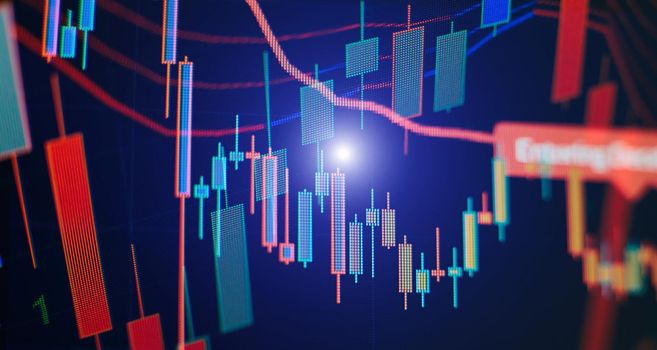 Chart on LED display concept. A large display of daily stock market price and quotation. Indicator financial forex trade