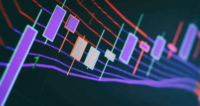 Chart on LED display concept. A large display of daily stock market price and quotation. Indicator financial forex trade