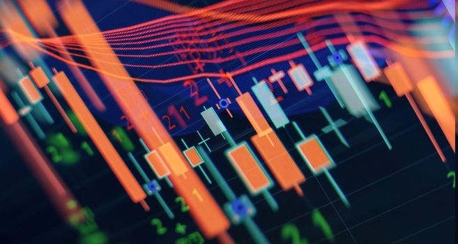 Business graph charts of financial instruments with various type of indicators