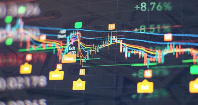 Bar graphs, Diagrams, financial figures. Abstract glowing forex chart interface wallpaper. Investment, trade, stock, finance